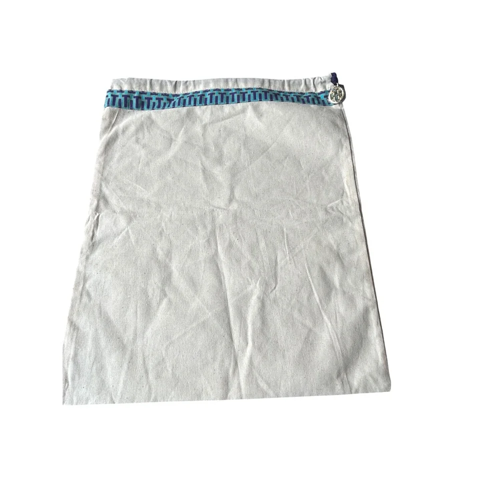 Tory Burch Drawstring Dust Bag Logo Charm  Storage Beige‎ Blue 12.5